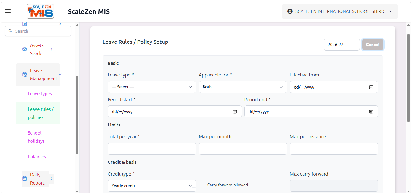 Leave Rules / Policy Setup Screen